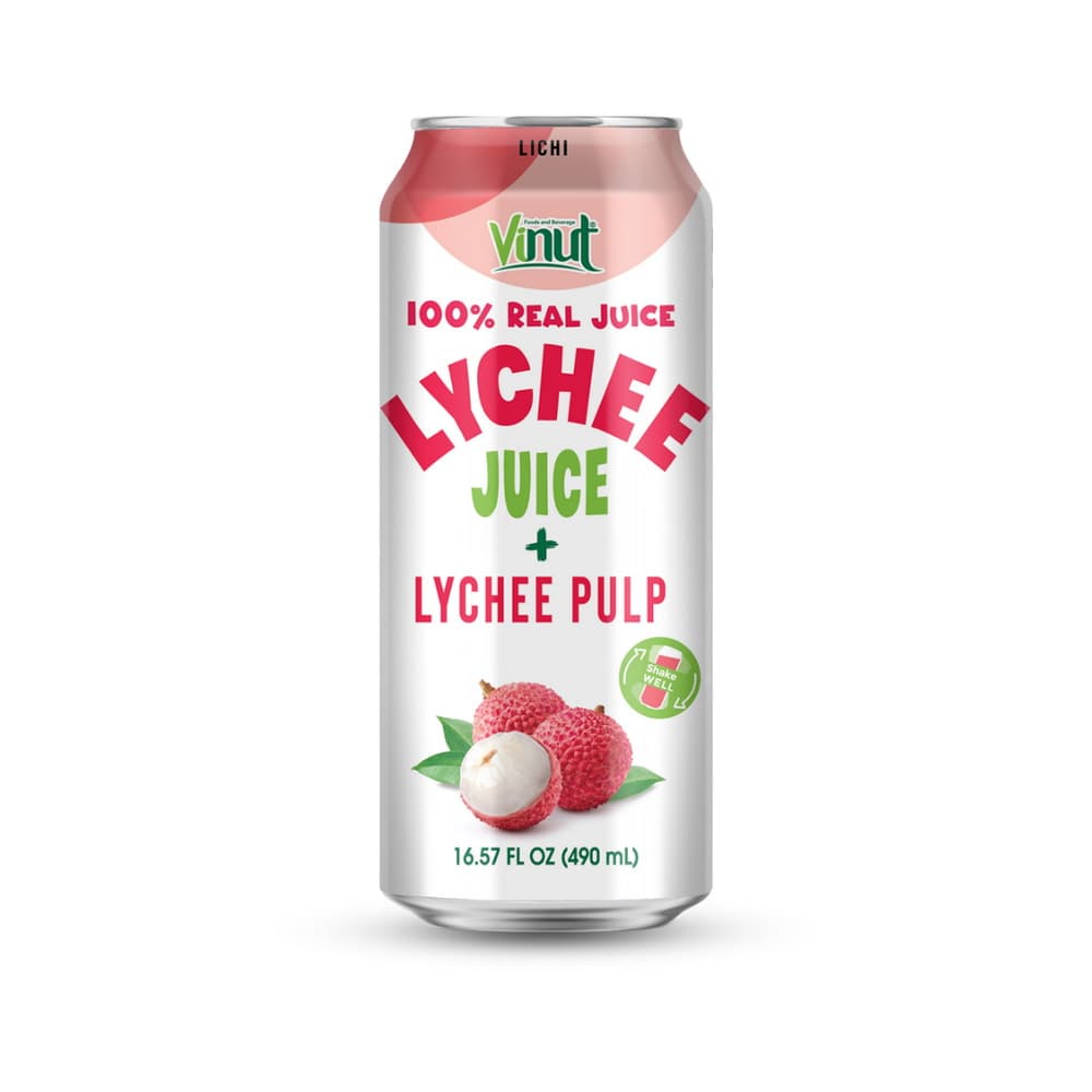 Vinut 100% Real Juice Lychee Juice + Lychee Pulp, Slim Can, 16.57 fl oz 490 mL